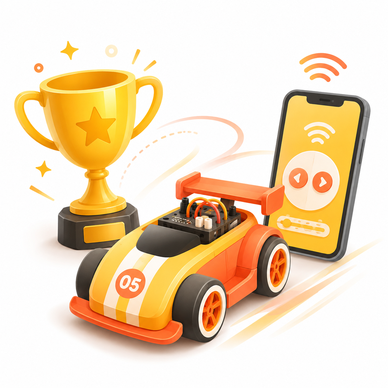 Carro de competencia, trofeo y aplicación de control móvil de Yati-Bots